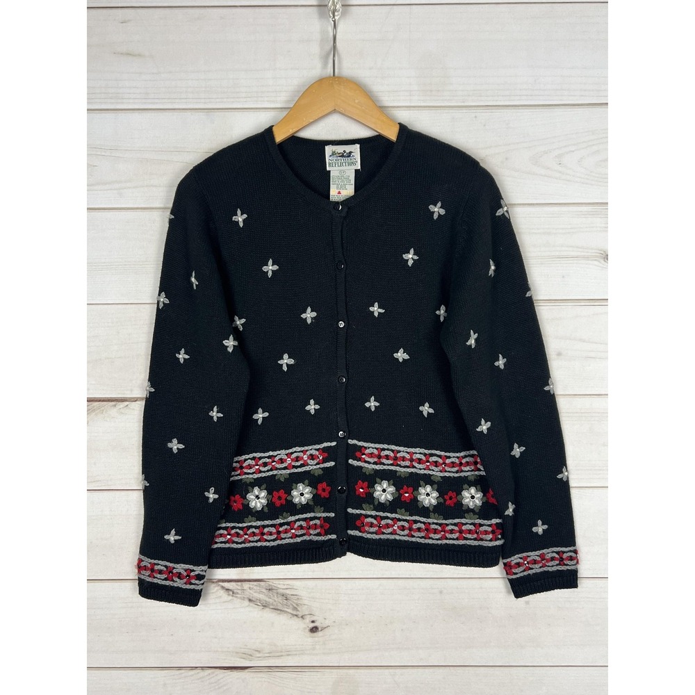 Vintage Northern Reflections Sweater Womens Small Black Floral Cardigan 90s